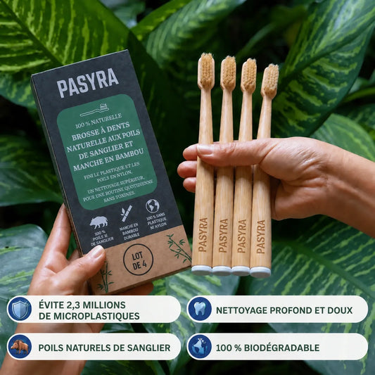 PASYRA Brosse à dents en poils de sanglier et bambou (Lot de 4)